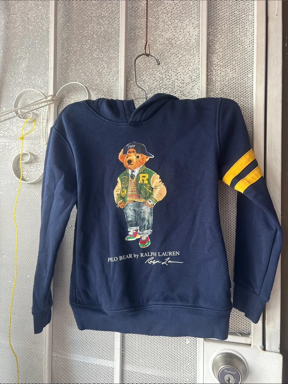 Ralph Lauren Navy Polo Bear Hoodie with Yellow Sleeve Stripes